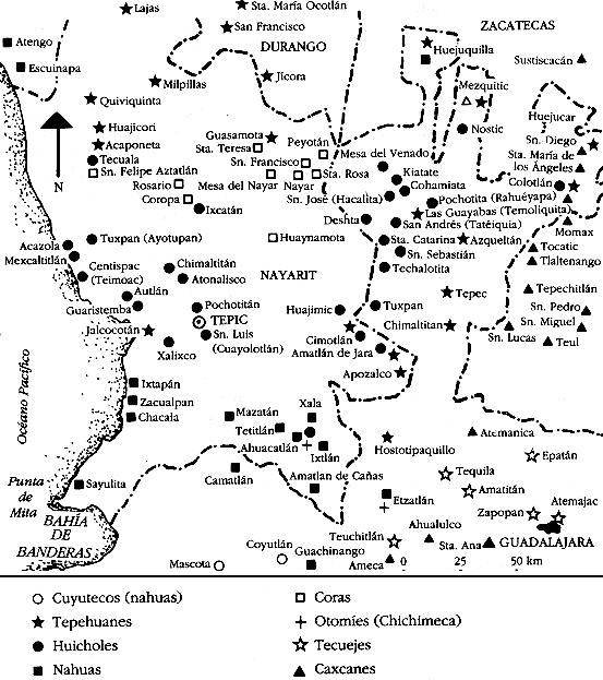 Mapa elaborado por Don Jos� Flores en 1983, que marca la diferencia de lenguas ind�genas de los pueblos en Nayarit. Hay una divisi�n de tribus belicosas que facilitaban la conquista espa�ola pues se enfrentaban ya, unos con otros.