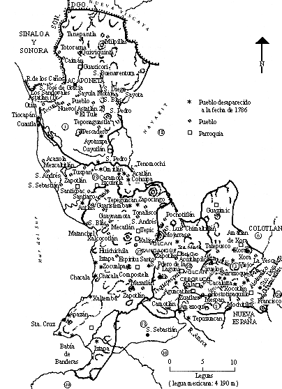 Este mapa indica las divisiones administrativas regionales en 1786, tomado de jean Meyer, con nuevas mutaciones: pueblos desaparecidos y nuevos, parroquias, decadencia de las misiones, indios serranos de nuevo en las monta�as lejos de la sociedad m�s rica y poderosa que viv�a abajo.