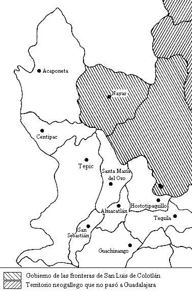 Mapa que marca las subdelegaciones de la intendencia de Guadalajara en 1786, tomado de J. Ma. Muri�. Se�ala el territorio neogallego que no pas� a Guadalajara y el Gobierno de las fronteras de San Luis de Colotl�n.