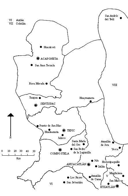 El mapa muestra el s�ptimo cant�n del estado de Jalisco en 1825, tomado por J. M. Muri�. La prosperidad de Tepic y de su cant�n atrajo a muchos mexicanos de los estados vecinos y de m�s lejos tambi�n. El cant�n de Tepic fue el que m�s dio y fueron 10 000 pesos.