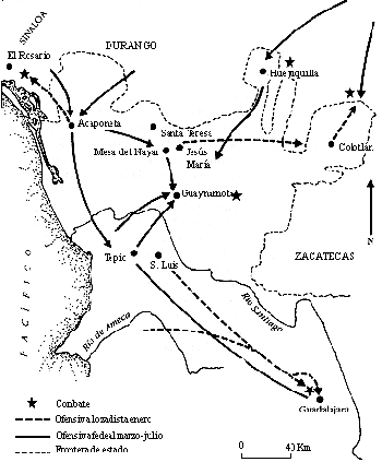 Mapa que refleja las operaciones militares en 1873. Se marcan los lugares de combate y la ofensiva de Lozada. La gente se hab�a acostumbrado a vencer a las haciendas pues hab�a mucha represi�n cruel del ej�rcito y muchos estaban obligados a irse a la sierra con los rebeldes. Surgieron intrigas entre pol�ticos y ya hab�an rencillas entre los jefes lozade�os, por lo que empezaron a haber divisiones que vencieron la resistencia de los lozade�os.